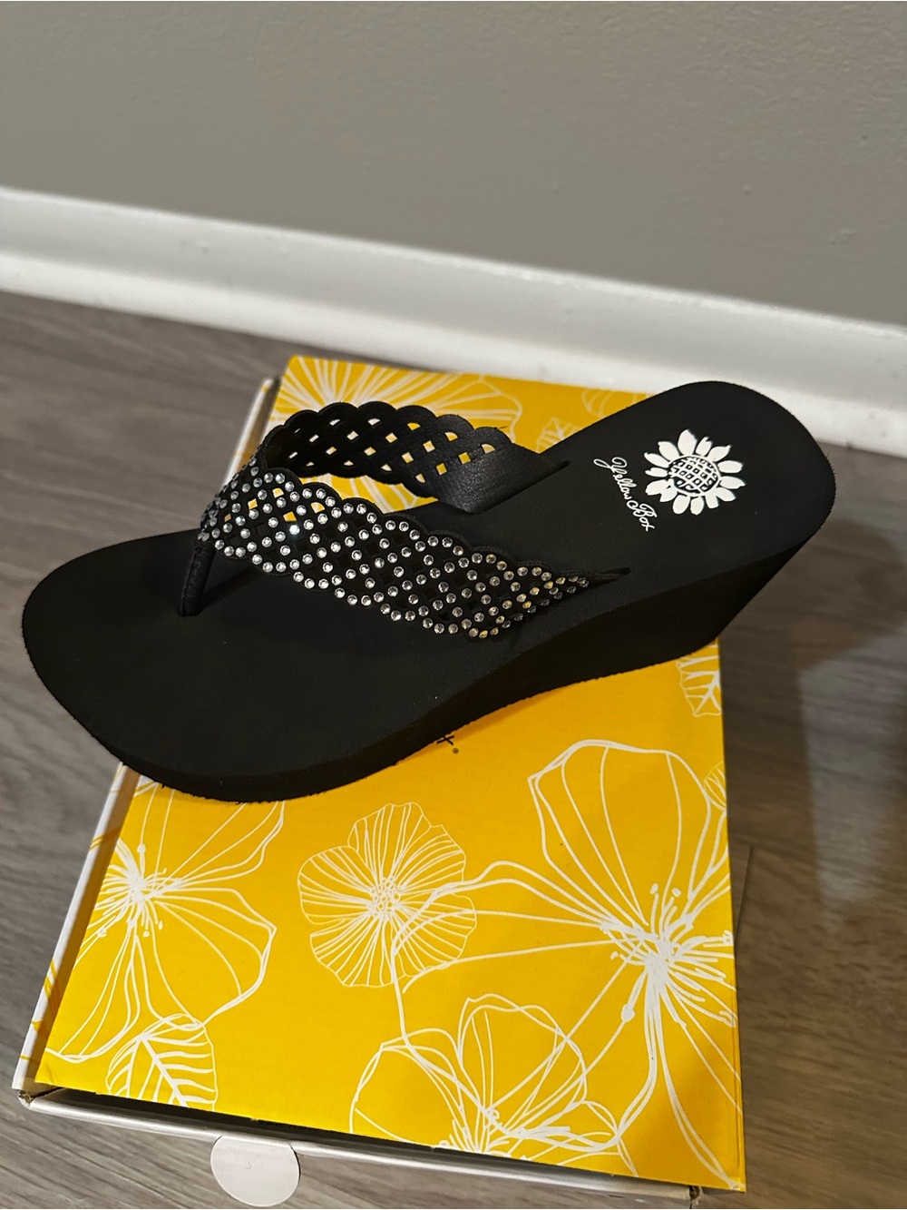 Yellow Box Black Wedge Sandal with Crystal-Studded Straps